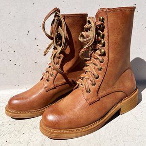 NEW Camel Brown Laced Up Zipper Back Wooden Heel Mid Calf Ankle Combat Boots